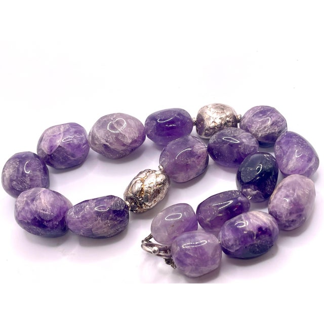 Contemporary Gemstone Necklace Massive Semi Frosted Unique Cut Amethyst With Solid Silver Pyrite Accent Beads For Sale - Image 3 of 5