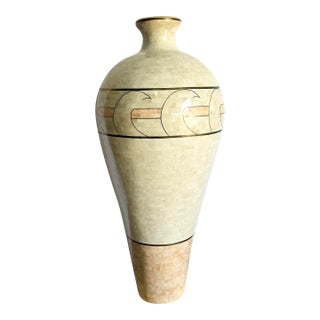 Monumental Polished Beige and Pink Tessellated Stone Floor Vase With Inlaid Brass For Sale
