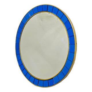 Vintage Italian Circular Wall Mirror in Blue Crystal and Brass from Cristal Art, 1950s For Sale