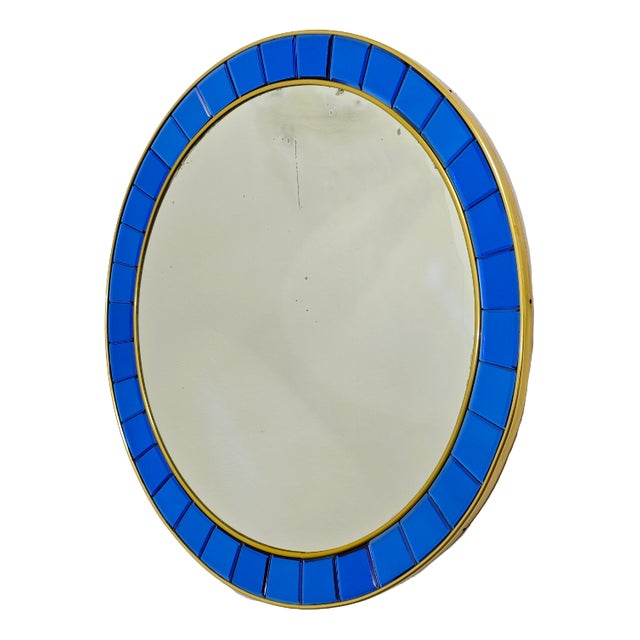 Vintage Italian Circular Wall Mirror in Blue Crystal and Brass from Cristal Art, 1950s For Sale