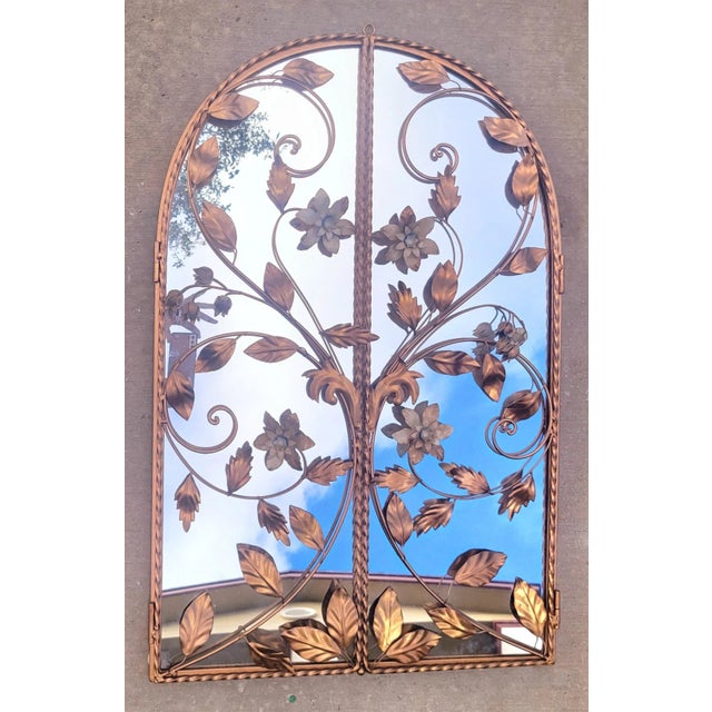 Vintage Tole Arched Regency 2 Door Gold Floral Wall Mirror For Sale - Image 9 of 12