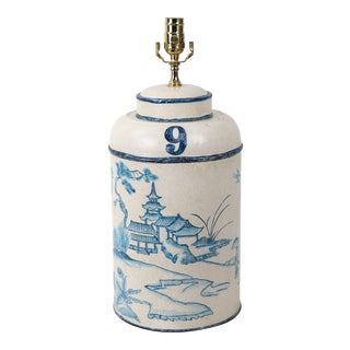 Vintage Exported English Tea Caddy Hand-Painted Chinoiserie Landscape Table Lamp For Sale