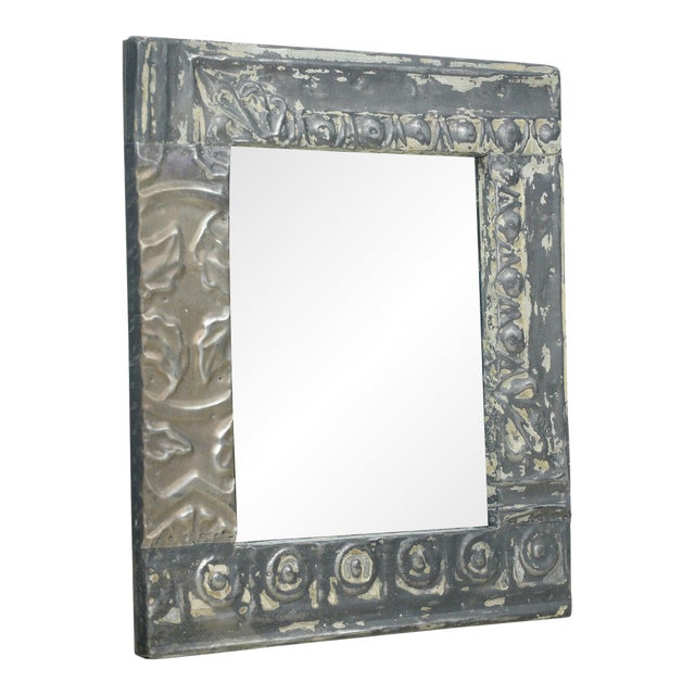 Handcrafted Mixed Black Silver Antique Tin Ceiling Wall Mirror For Sale