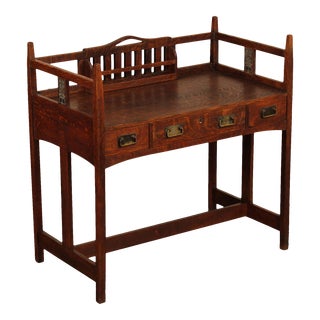 Stickley Brothers Antique Oak and Pewter Writing Desk For Sale