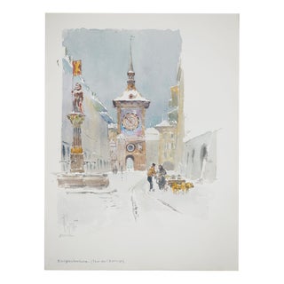René Leverd, Switzerland, Clock Tower in Bern, Watercolor For Sale