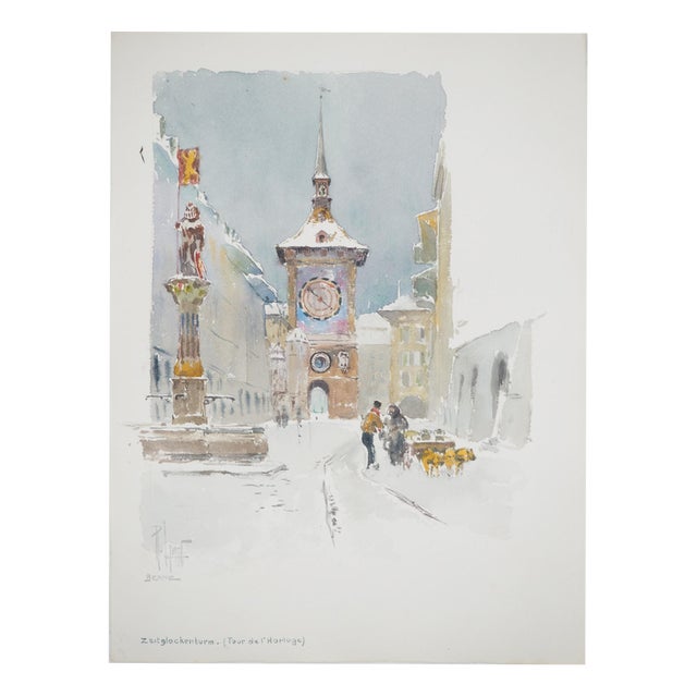 René Leverd, Switzerland, Clock Tower in Bern, Watercolor For Sale