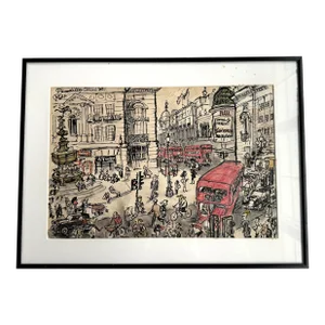 Original Pen and Watercolor Scene of 1980's London – Piccadilly Circus, Signed.