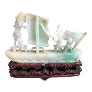 Antique Chinese Qing Heavy Jadeite Jade Boat Smooth Sailing Figurines W/ Stand For Sale