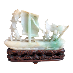 Antique Chinese Qing Heavy Jadeite Jade Boat Smooth Sailing Figurines W/ Stand