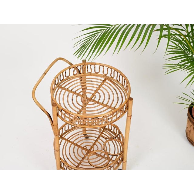 Franco Albini Round Serving Bar Cart in Bamboo, Rattan and Wicker by Franco Albini, Italy, 1960s For Sale - Image 4 of 12
