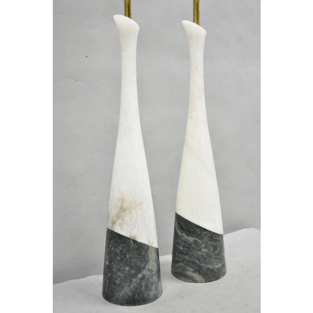 Vintage Italian Mid Century Modern 2 Tone Alabaster Green White Table Lamp Pair For Sale - Image 14 of 18