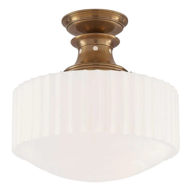 Thomas O'Brien for Visual Comfort Signature Milton Road Flush Mount in Hand-Rubbed Antique Brass With Ribbed White Glass For Sale