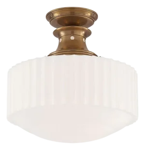 Thomas O'Brien for Visual Comfort Signature Milton Road Flush Mount in Hand-Rubbed Antique Brass With Ribbed White Glass