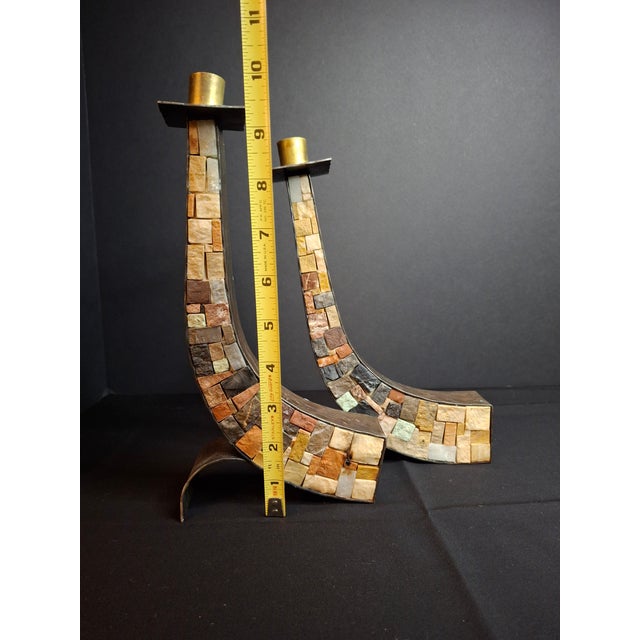 Vintage Mid-Century Eilon Mosaics Hand-Hammered Copper & Holy Land Stone Shofar Candlesticks For Sale - Image 15 of 15