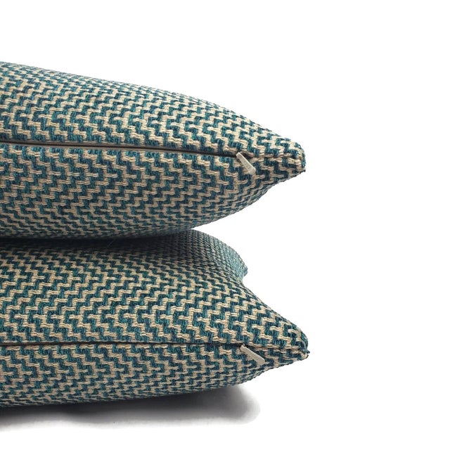 2020s Gp & J Baker Glanville in Teal Lumbar Pillow Cover - 12" X 20" Teal and Gray Geometric Weave Cushion Case For Sale - Image 5 of 6