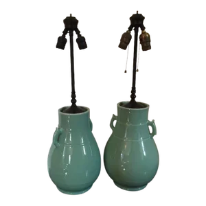 18th Century Chinese Art Deco Monochrome Celadon Porcelain Vase Urns as Lamps - A Pair