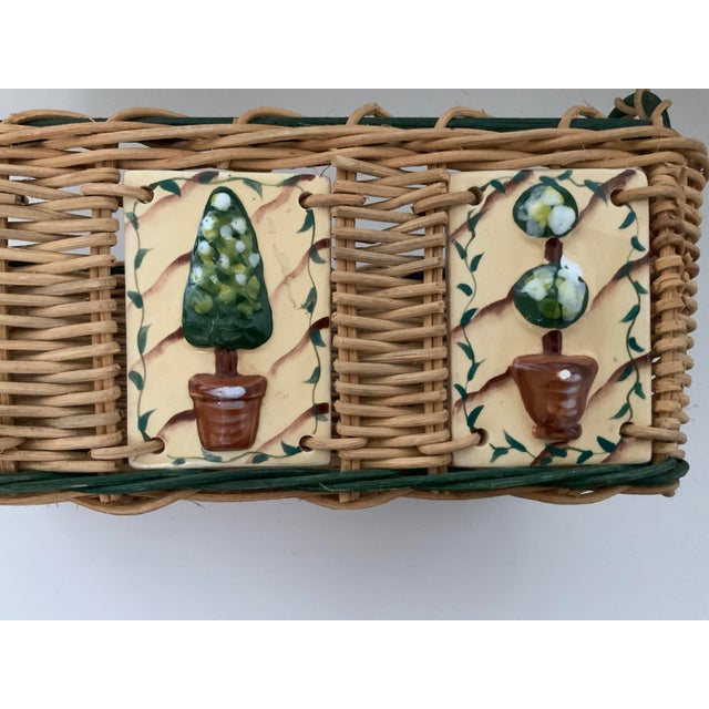 1980s Woven Wicker Basket With Handles and Hand Painted Ceramic Tiles of Topiaries For Sale - Image 4 of 6