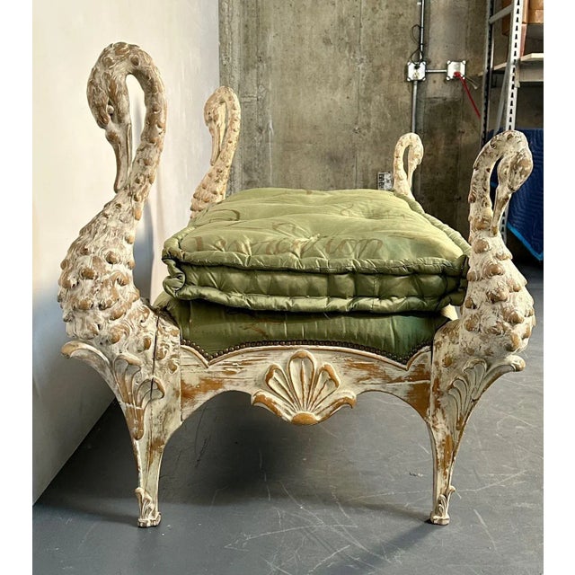 Hollywood Regency Swan Bench / Daybed by Maison Jansen, Hand Carved, Distressed For Sale - Image 10 of 13