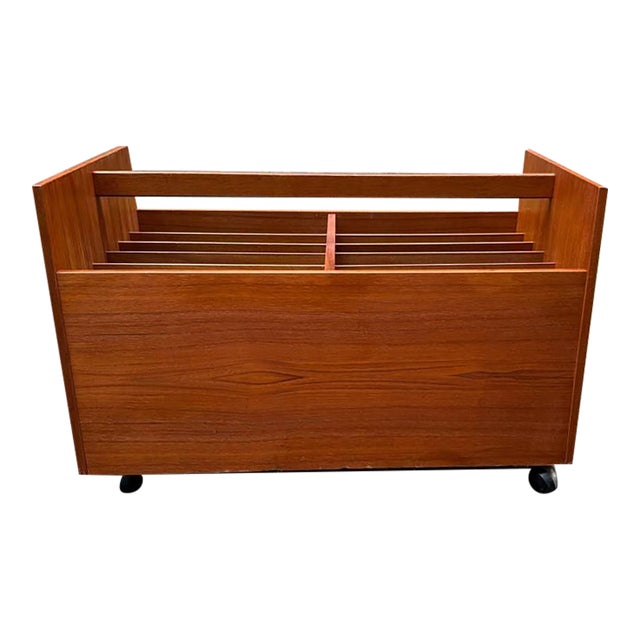Mid-Century Modern Teak Rolling Magazine and Record Rack Bruksbo. For Sale