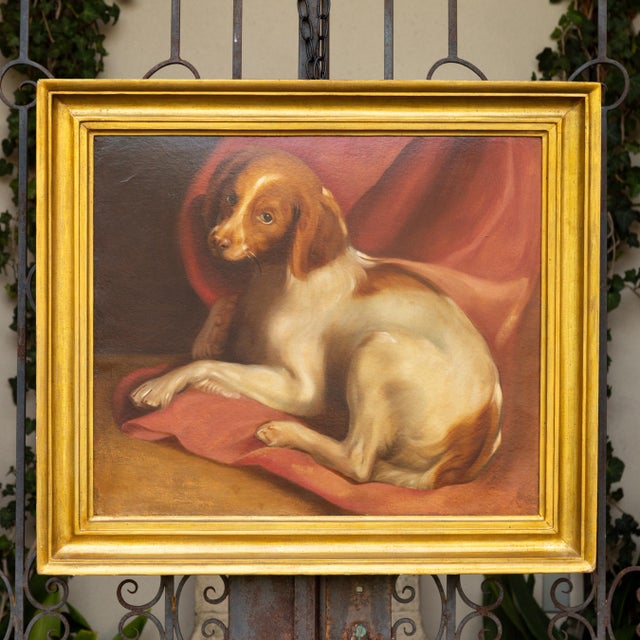 Wood American 1890s Framed Oil on Board Painting Depicting a Dog Lying on a Red Drape For Sale - Image 7 of 12