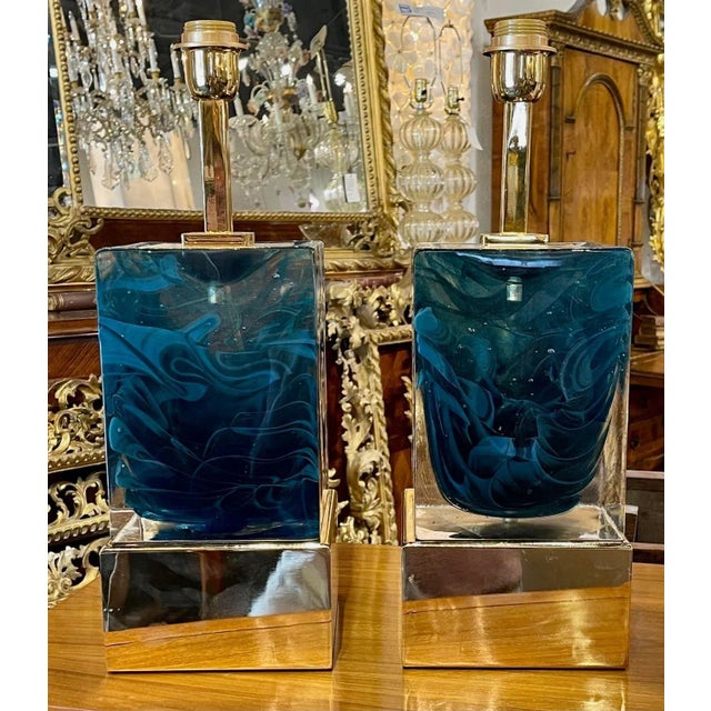 Modern Blue Murano Glass Block Lamps on Brass Base Chairish