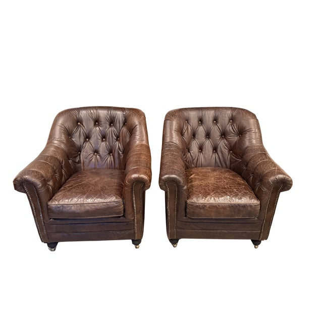 Restoration Hardware Restoration Hardware Distressed Leather Club Chairs, Pair – Tufted English Library Lounge Chairs With Rolled Arms & Brass Casters For Sale - Image 4 of 18