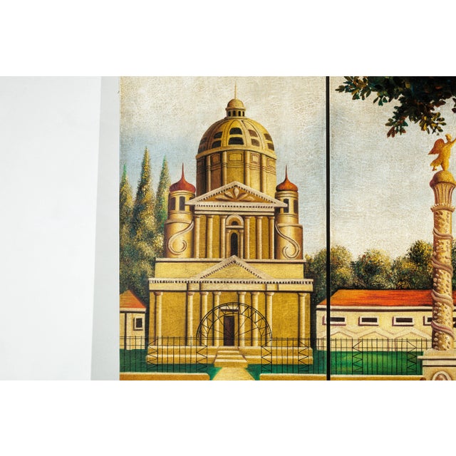 This vintage four-panel screen presents a richly painted pastoral and architectural composition, evoking the charm of...