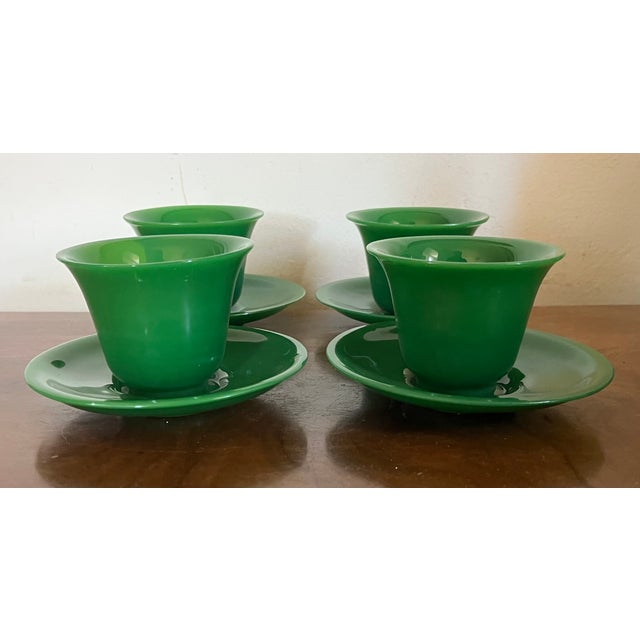 Antique 19th Century Chinese Bright Green Peking Glass Tea Cups & Saucers - Set of 4 For Sale - Image 10 of 18
