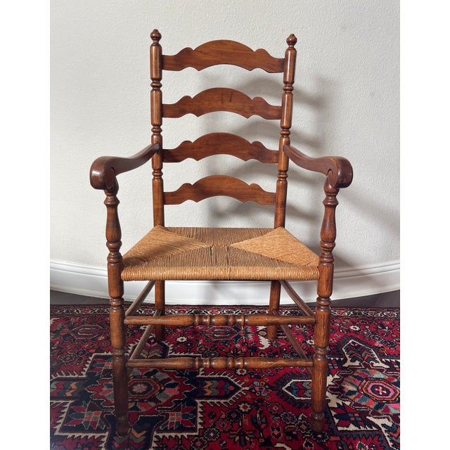 Ethan Allen Vintage Tell City/Ethan Allen Style Colonial Early American Ladderback Dining Wooden Armchair, Woven Rush Seat For Sale - Image 4 of 12