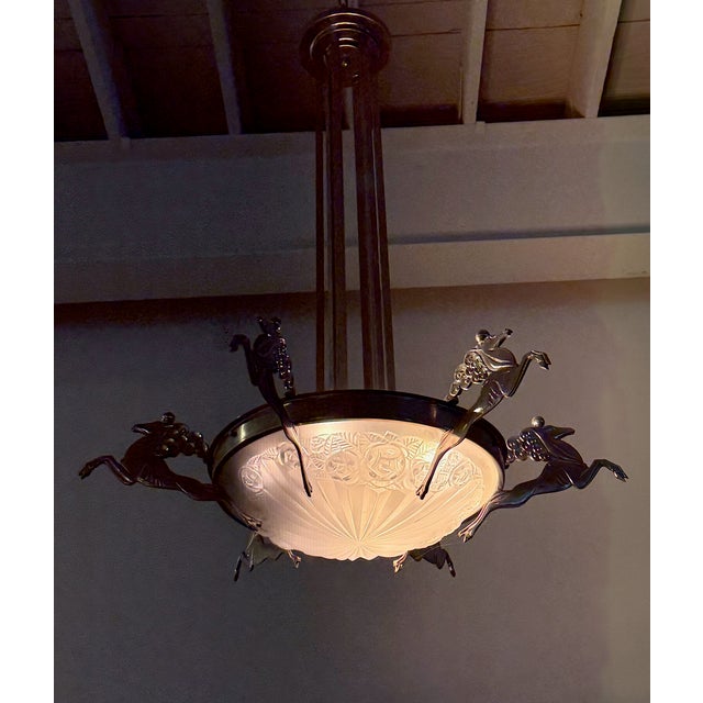 French Art Deco Chandelier Signed by Degue with Mythical Horses For Sale - Image 12 of 12
