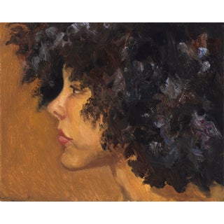 Salome by Jessica Smit Mattingly | Oil on linen Profile of a woman with curly hair against an orange background. For Sale
