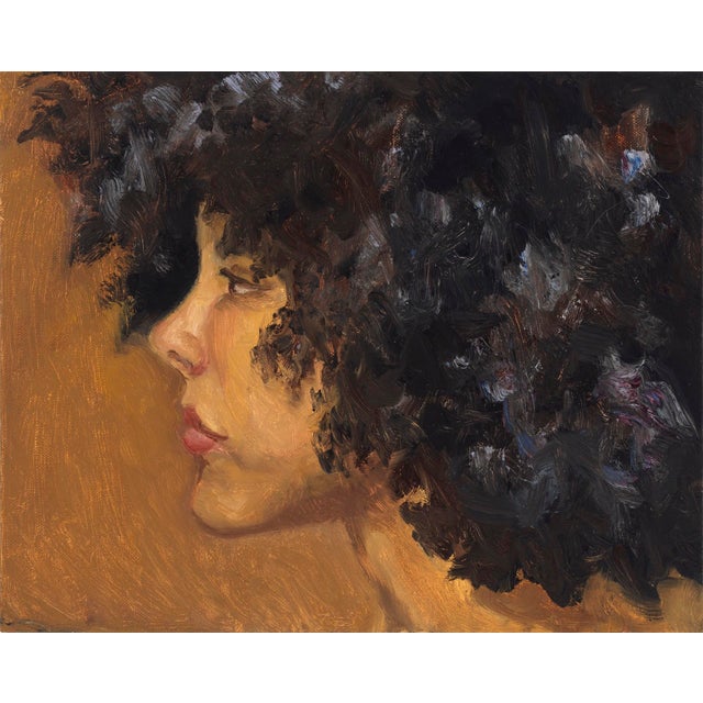 Salome by Jessica Smit Mattingly | Oil on linen Profile of a woman with curly hair against an orange background. For Sale