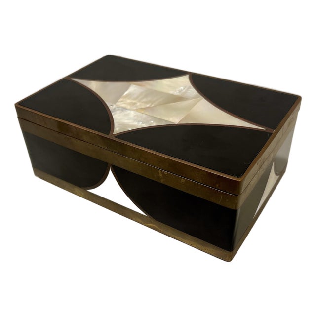 Vintage Brass With Mother of Pearl and Black Lacquer Inlay Trinket Box For Sale