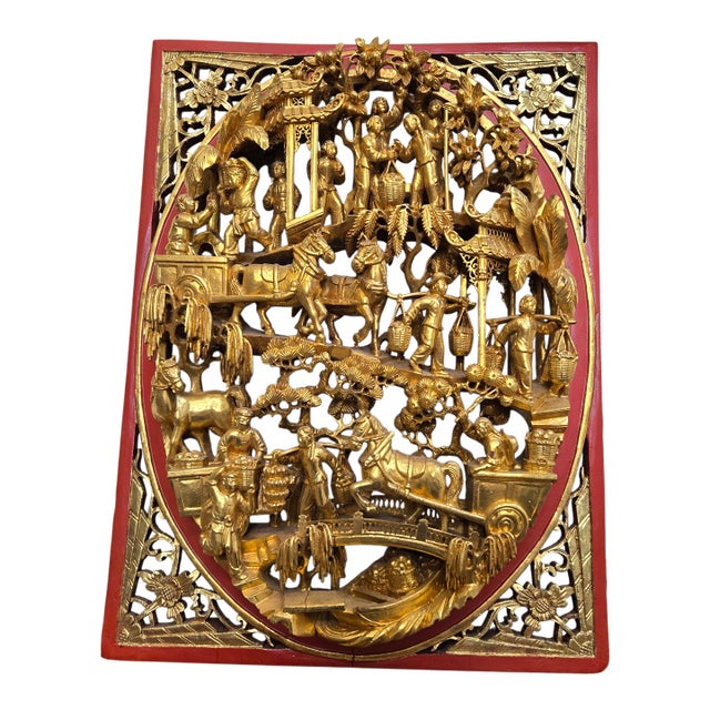 Antique Chinese Giltwood Panel Relief Carving Landscape Scene Red Lacquer Borders and Back For Sale