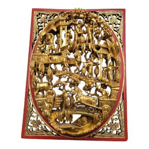 Antique Chinese Giltwood Panel Relief Carving Landscape Scene Red Lacquer Borders and Back