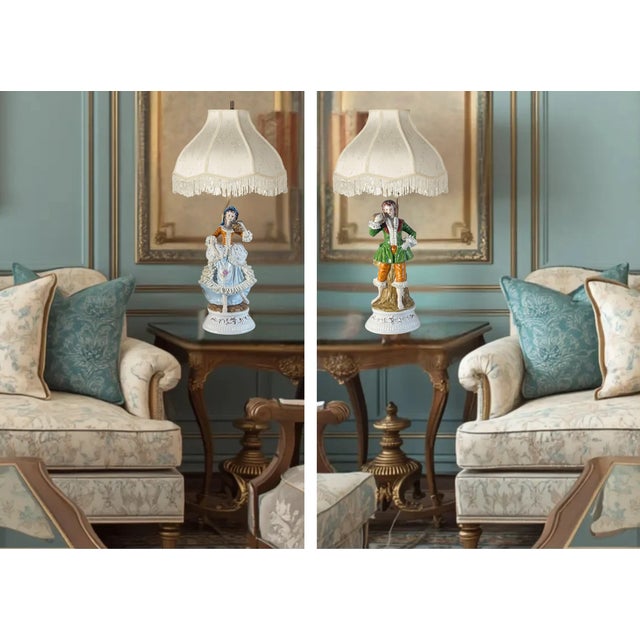 Vintage Porcelain Figural Lamp Young Man & Woman- A Pair For Sale - Image 12 of 16