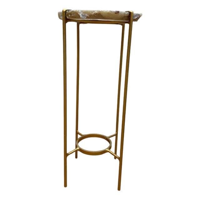 Unusual Modern Handcrafted Drinks Table. Round agate geode top with gilded steel base. Deep Midnight Blue Tones in the...