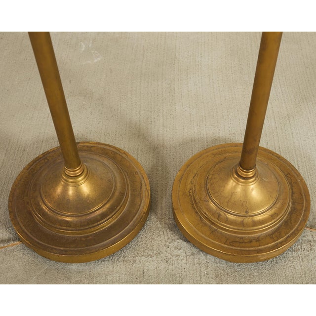 Metal Pair of Patinated Brass Adjustable Pharmacy Floor Lamps For Sale - Image 7 of 16