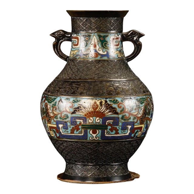 Japanese Cloisonné Bronze Vase With Archaistic Bird Handles, C 1920 to 1940s For Sale