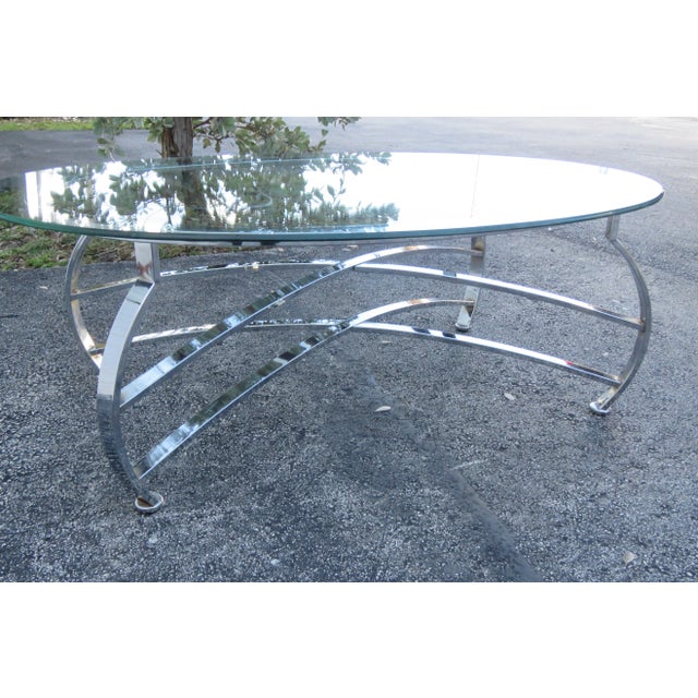 Hollywood Regency Mid Century Chrome Oval Glass Top Coffee For Sale - Image 9 of 13