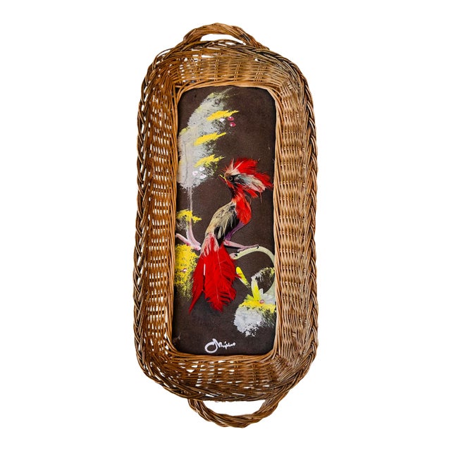 Vintage 1940s Mexican Feather Folk Art Bird Wicker Tray Wall Decor Signed For Sale