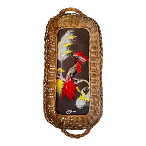 Vintage 1940s Mexican Feather Folk Art Bird Wicker Tray Wall Decor Signed