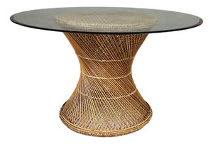 Mid-Century Italian Round Dining Table in Glass and Rattan, 1960s