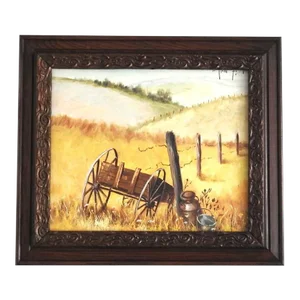 1972 Oil Painting of an Old Rustic Wagon in the Fields in Antique Carved Frame