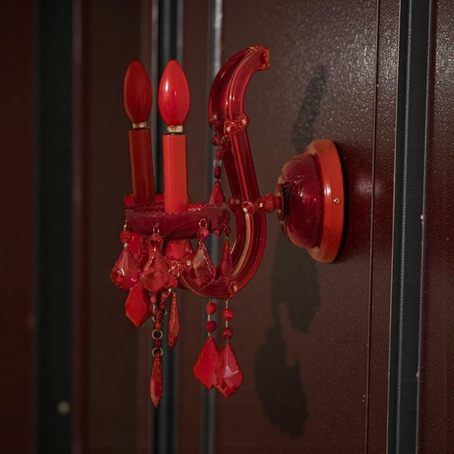 3p Ruby Red Baroque Rococo Revival European Imprt Glass Chandelier Sconce Set For Sale - Image 4 of 8