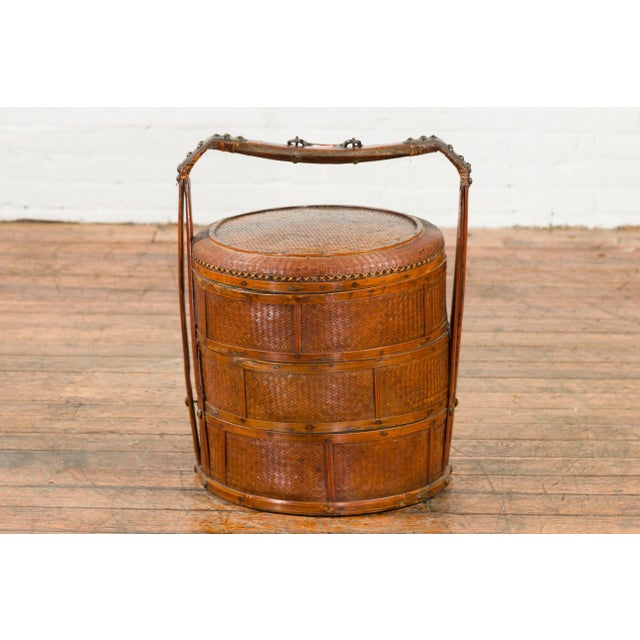 Early 20th Century Chinese Nested Bamboo and Rattan Food Basket with Calligraphy and Iron Accents For Sale - Image 5 of 12
