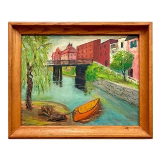 Signed 1930s River Landscape Fine Art Oil Painting / 1930s Small Townscape Wall Art For Sale