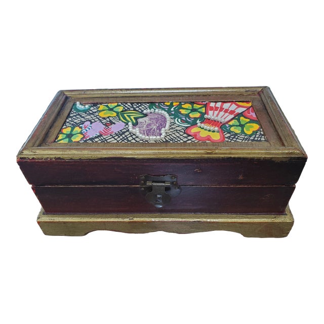 Embellished Antique Folk Art Jewelry Box For Sale