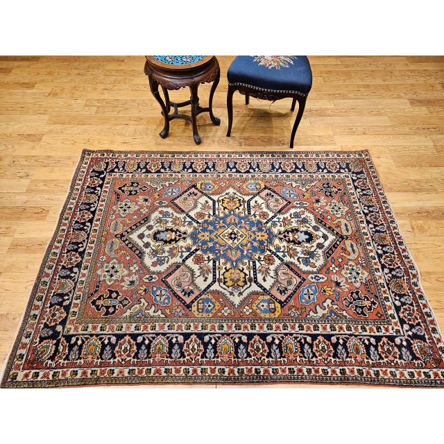 Textile Vintage Persian Tabriz Area Rug, Hand-Knotted Wool, Heriz Geometric Pattern, Ivory & Red, 5x6 For Sale - Image 7 of 18