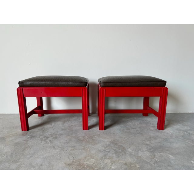 1970's Mid-Century Red Lacquered Mahogany Wood With Brown Leather Seats Ottomans - a Pair For Sale - Image 12 of 12